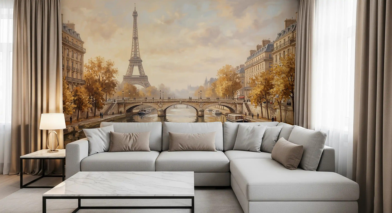Eiffel's Golden Embrace wall mural in a stylish living room