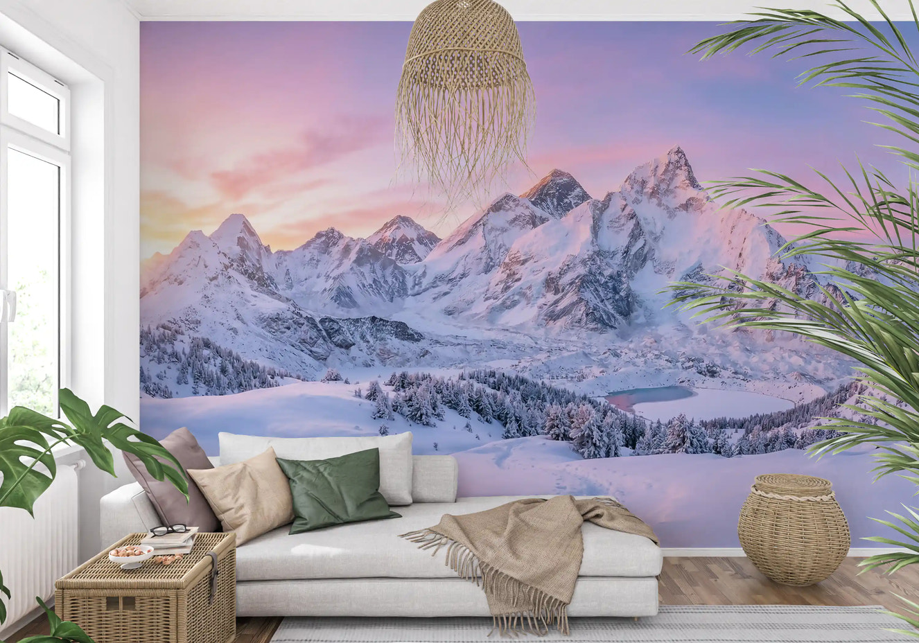 Alpenglow Peaks Panorama wall mural in a modern living room