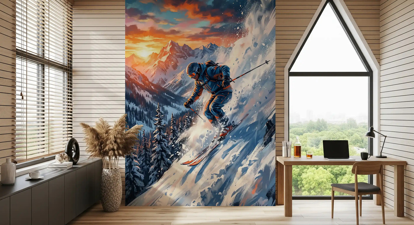 Sunset descent mural styled in a bold office interior