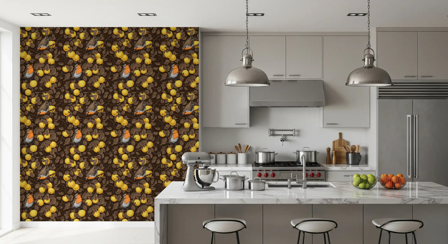 Robins in the apple tree/yellow and dark brown Wallpaper⁠