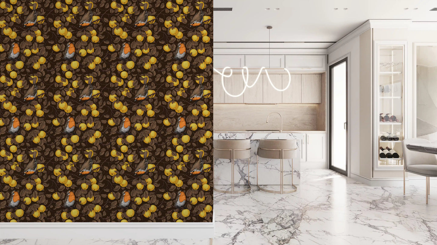 Robins in the apple tree/yellow and dark brown Wallpaper⁠