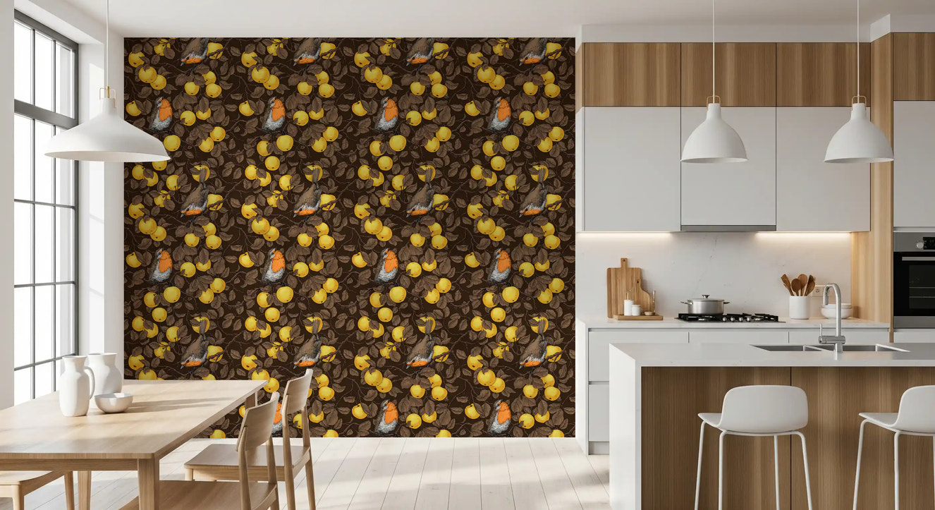 Apple tree bird wallpaper arranged in a welcoming dining room