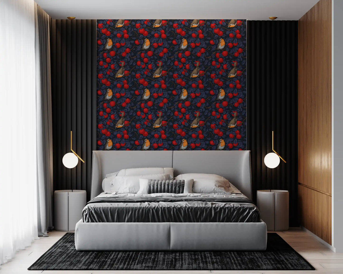 Robins in the apple tree/blue and red  Wallpaper⁠