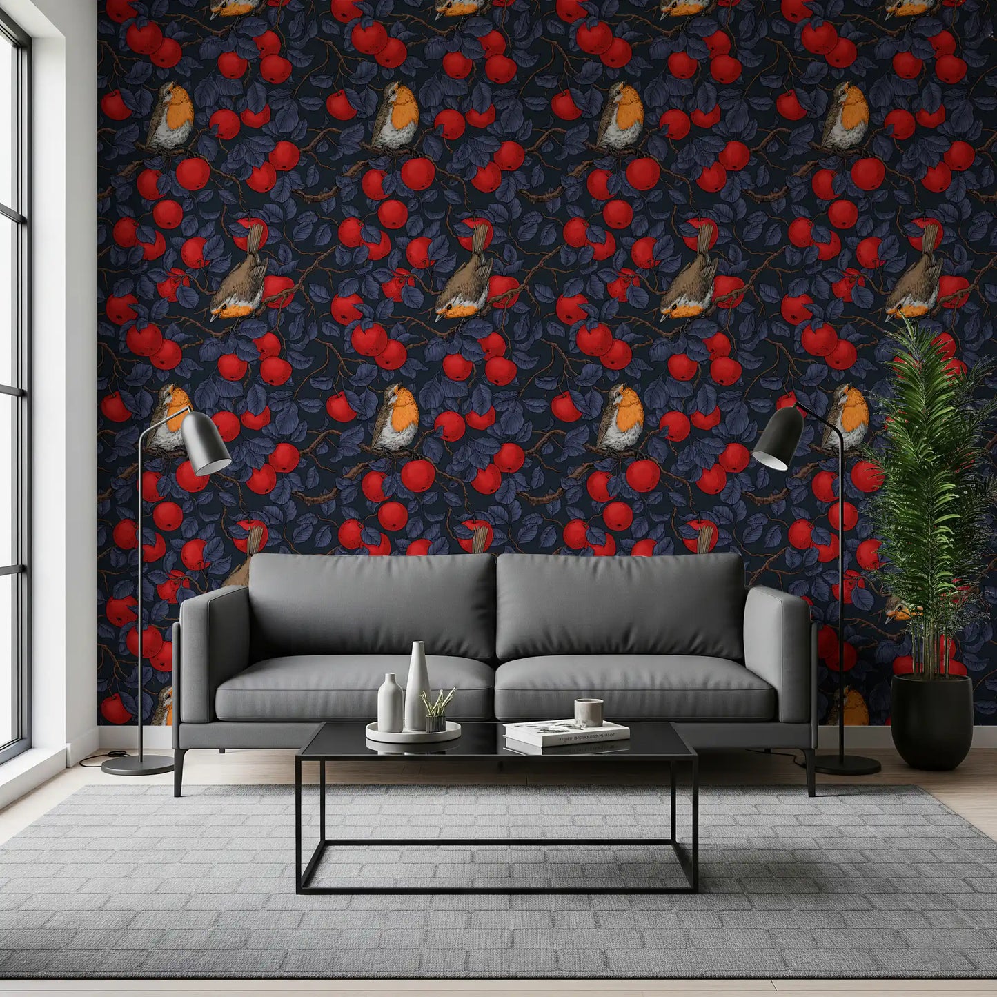 Robins in the apple tree/blue and red  Wallpaper⁠