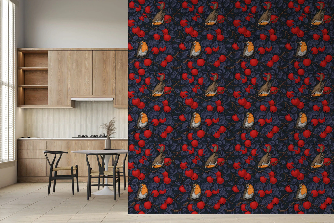 Robins in the apple tree/blue and red  Wallpaper⁠