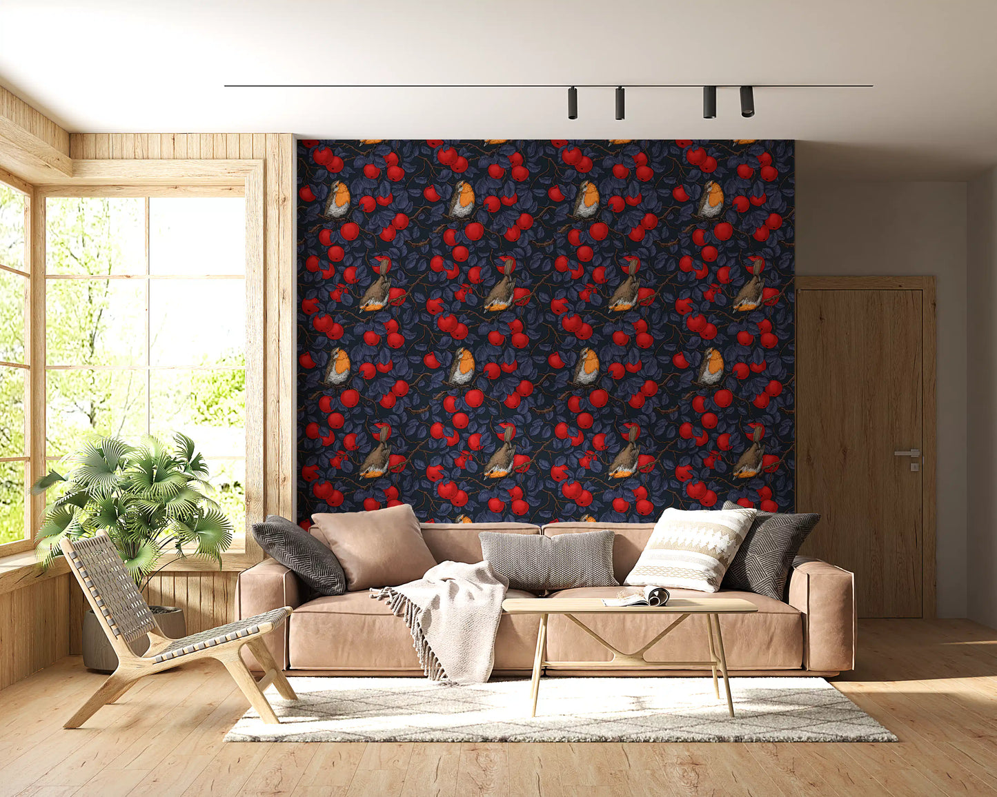 Robins in the apple tree/blue and red  Wallpaper⁠
