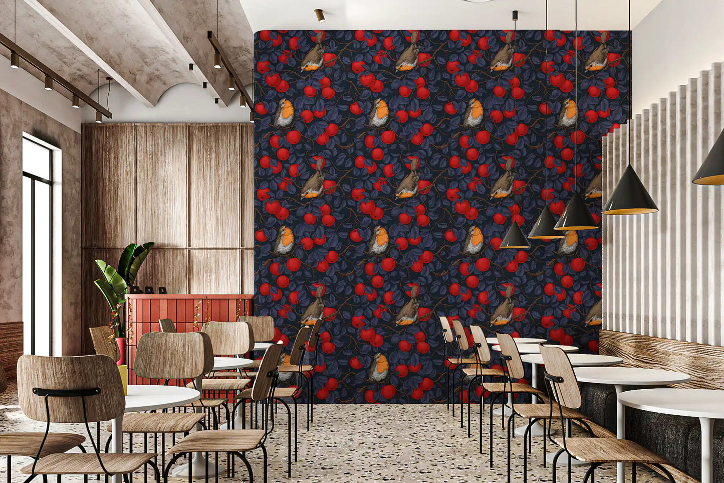 Robins in the apple tree/blue and red  Wallpaper⁠