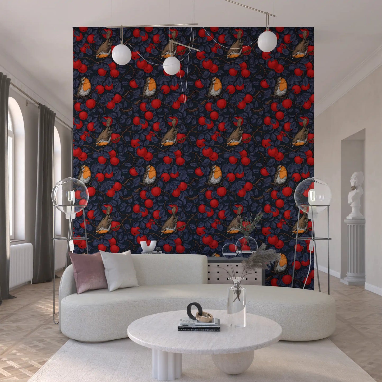 Robins in the apple tree/blue and red  Wallpaper⁠