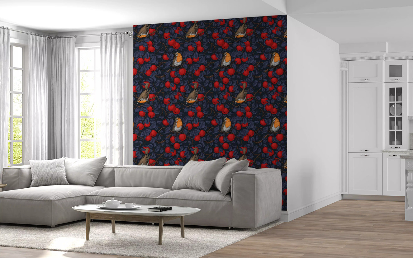 Robins in the apple tree/blue and red  Wallpaper⁠