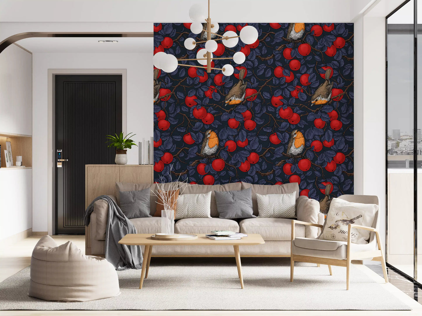 Robins in the apple tree/blue and red  Wallpaper⁠