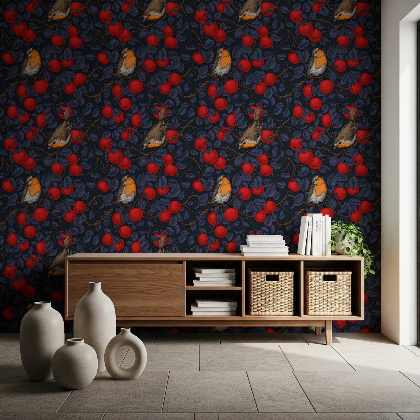 Robins in the apple tree/blue and red  Wallpaper⁠