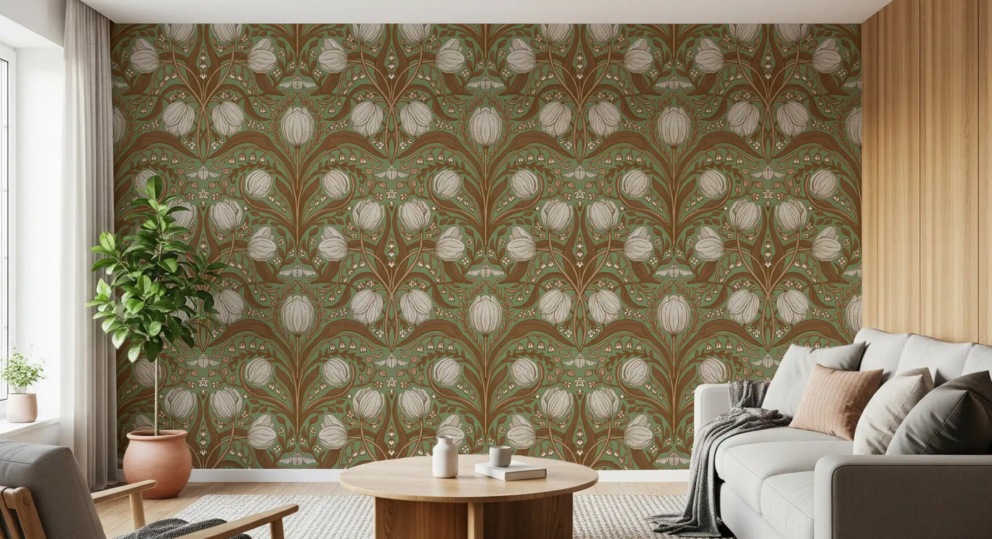 Vintage nouveau sage wallpaper placed in a quiet hallway