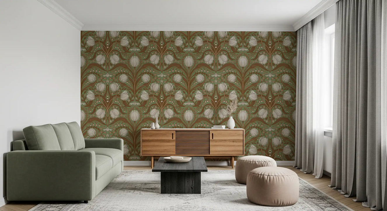 Sage and brown tulip wallpaper featured in a classic living room
