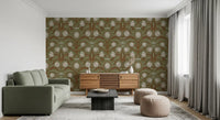 Sage and brown tulip wallpaper featured in a classic living room