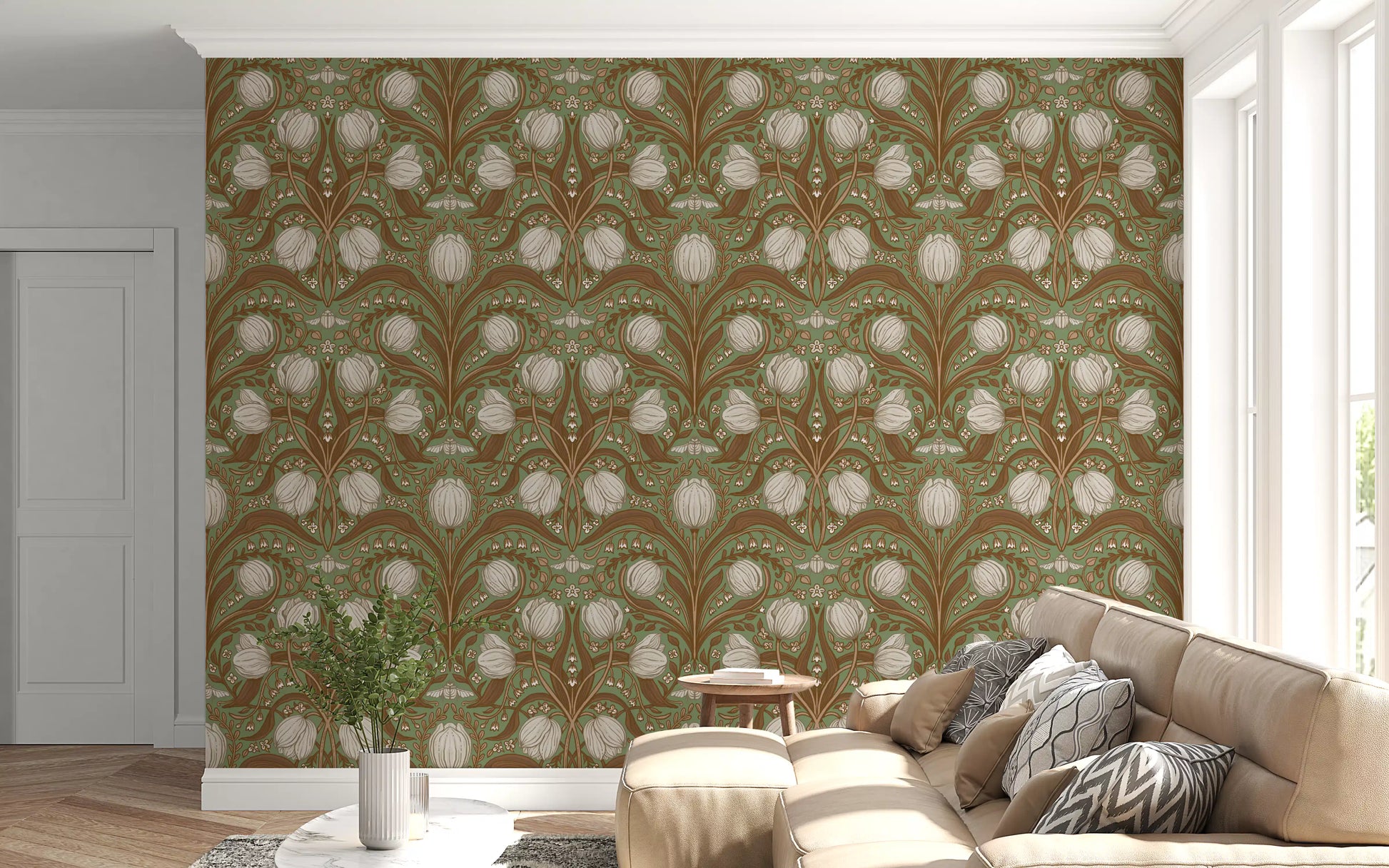 Tulip motif wallpaper highlighted in an elegant entryway