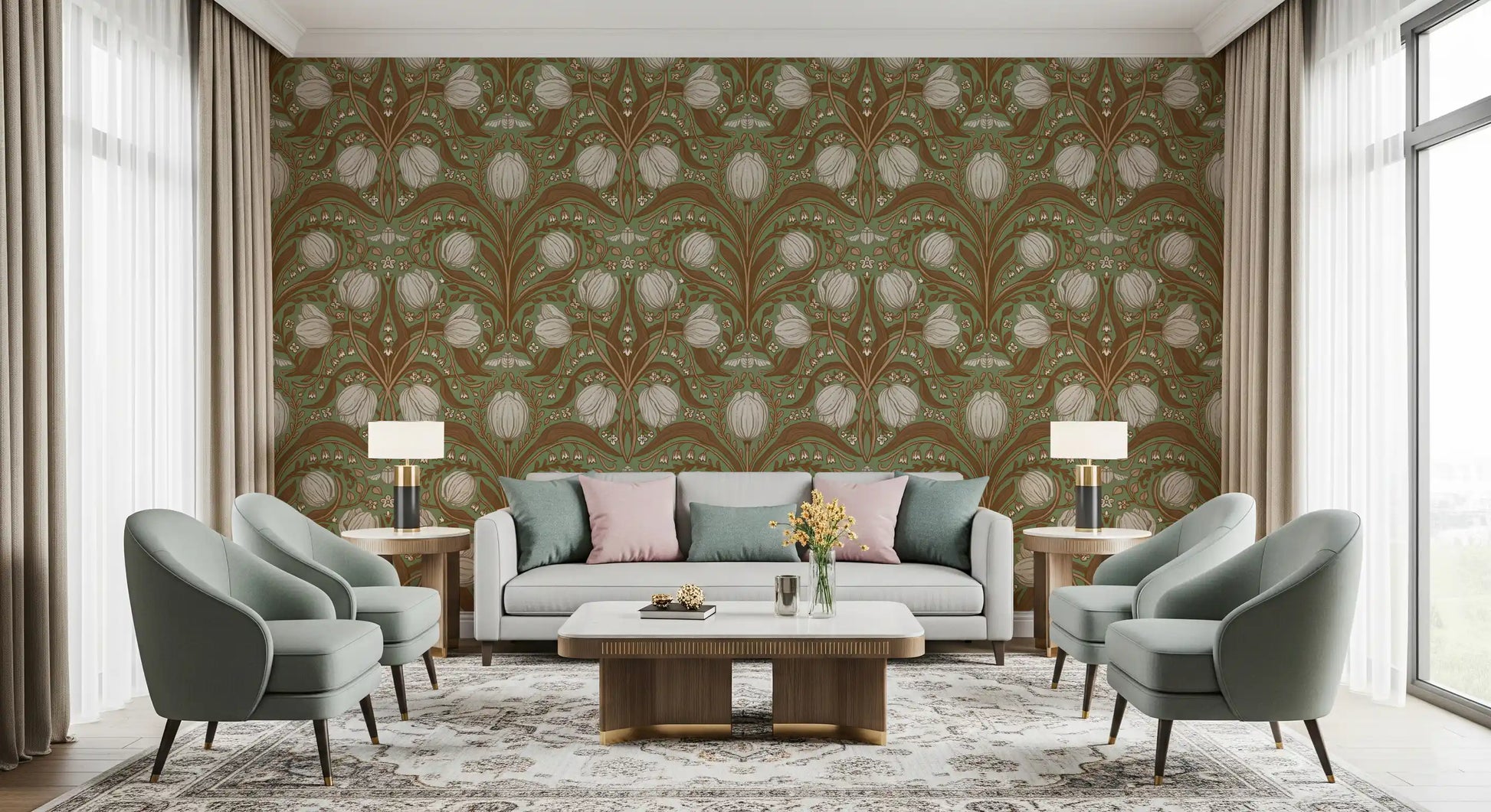 Retro botanical wallpaper styled in a living setting and sofa area 