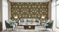 Retro botanical wallpaper styled in a living setting and sofa area 