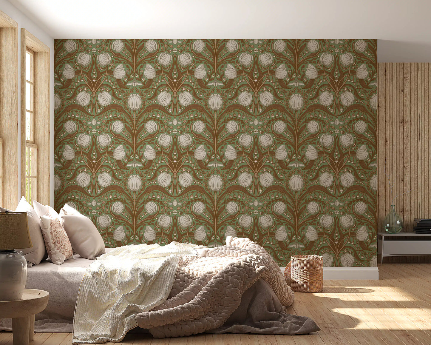 Sage floral wallpaper featured in a creative bedroom