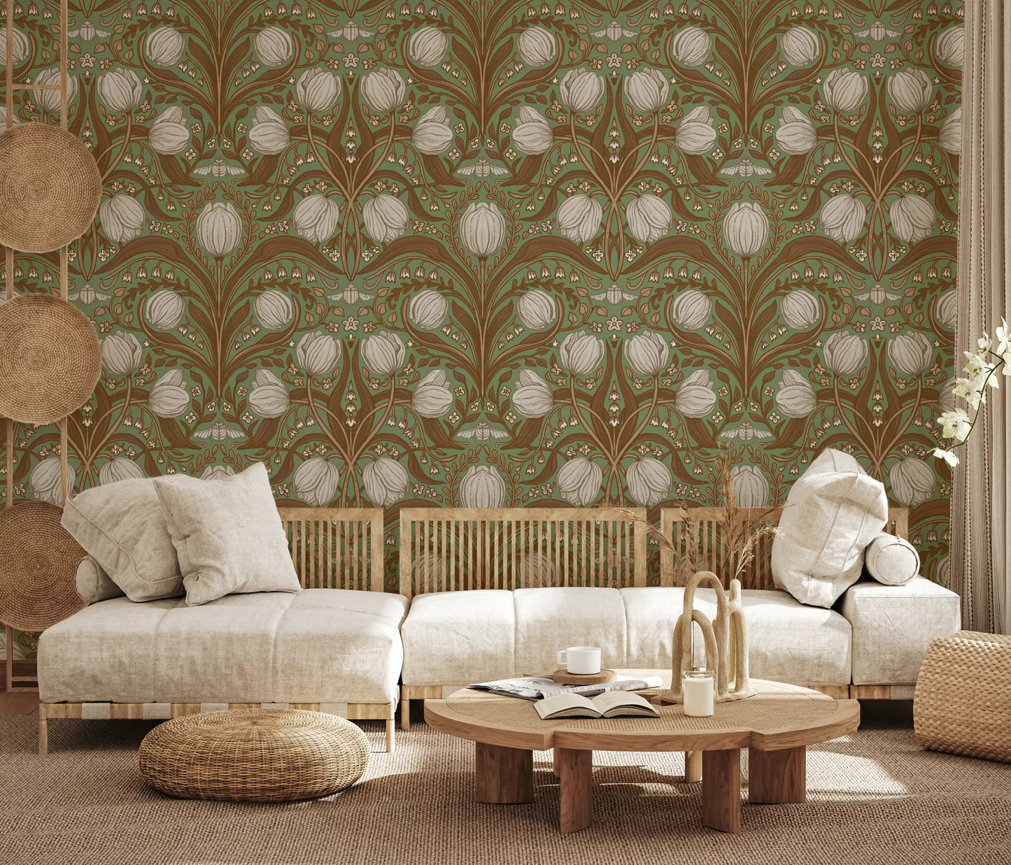 Custom-size floral wallpaper with retro tulip layout and vine detail