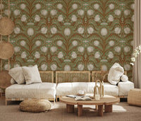 Custom-size floral wallpaper with retro tulip layout and vine detail