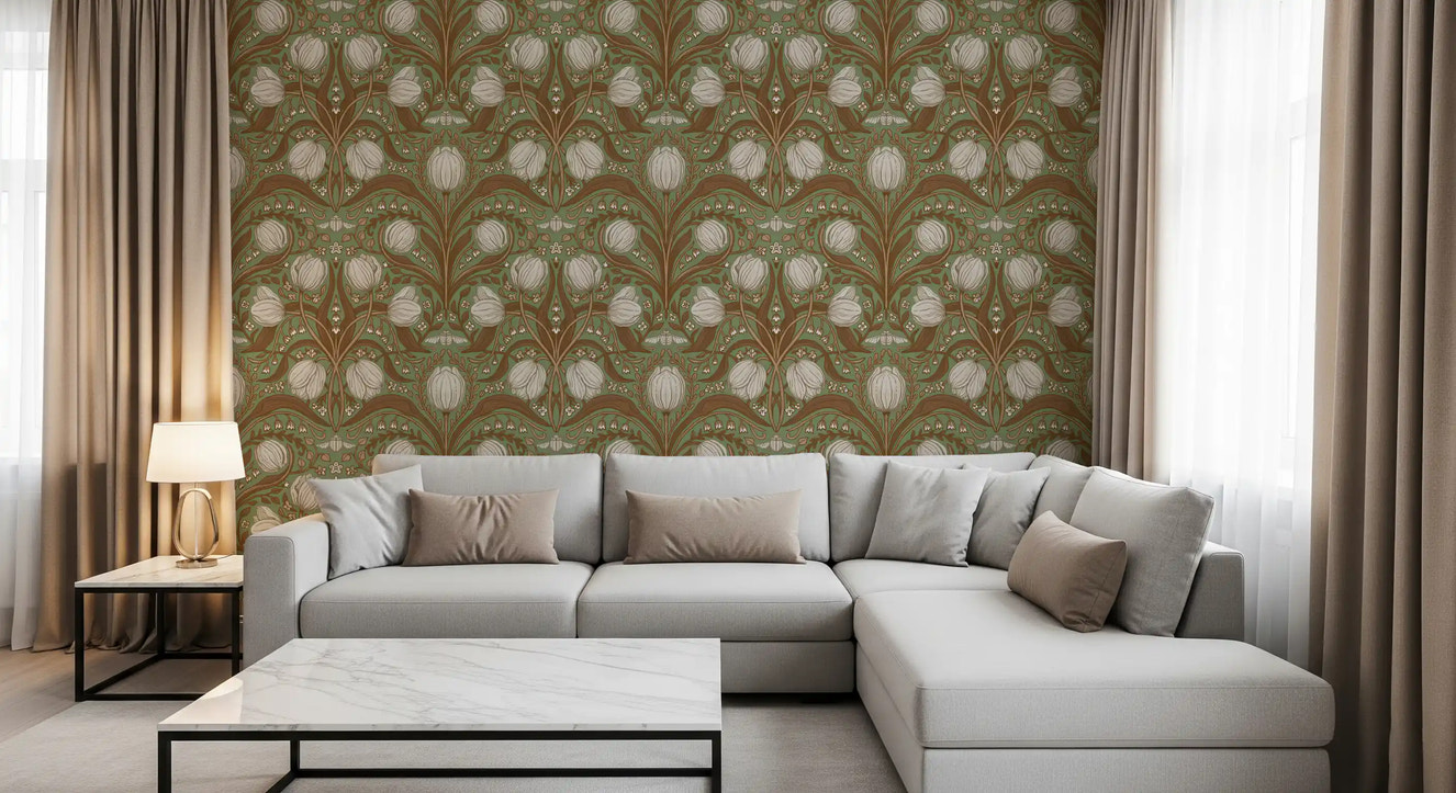 Retro Nouveau Tulips in sage and brown Wallpaper⁠