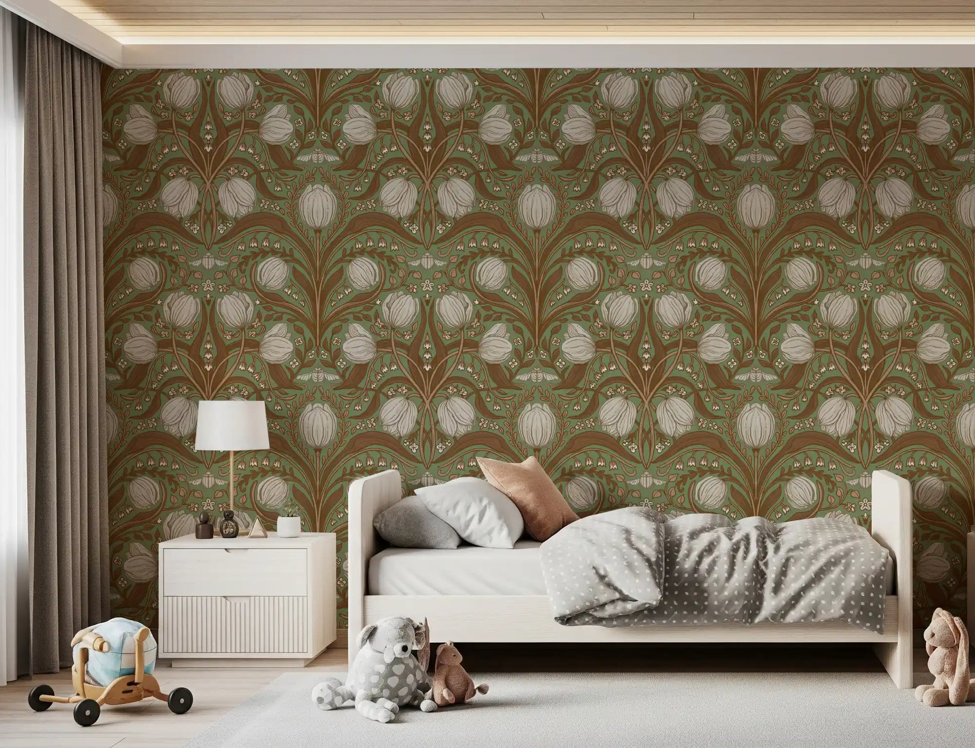 Retro floral tulip wallpaper styled in a bedroom setting