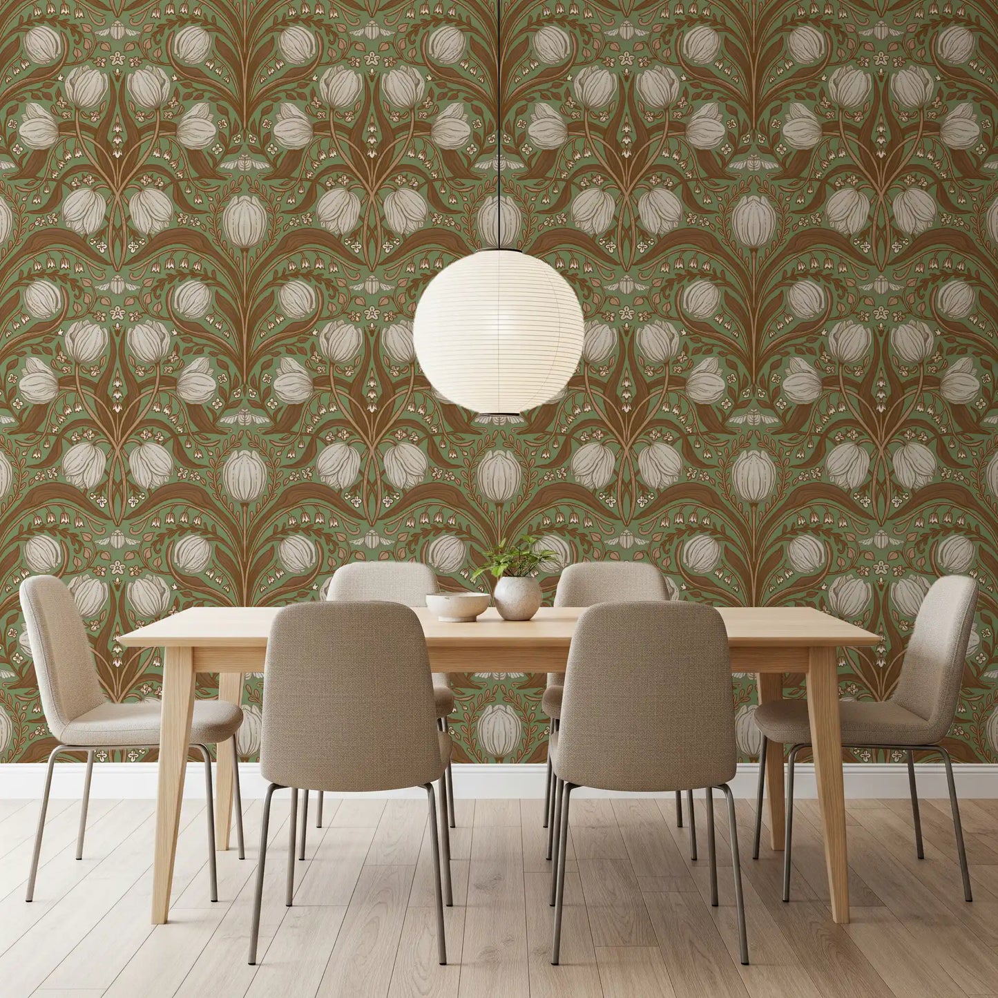 Botanical sage wallpaper arranged in a dining room setting