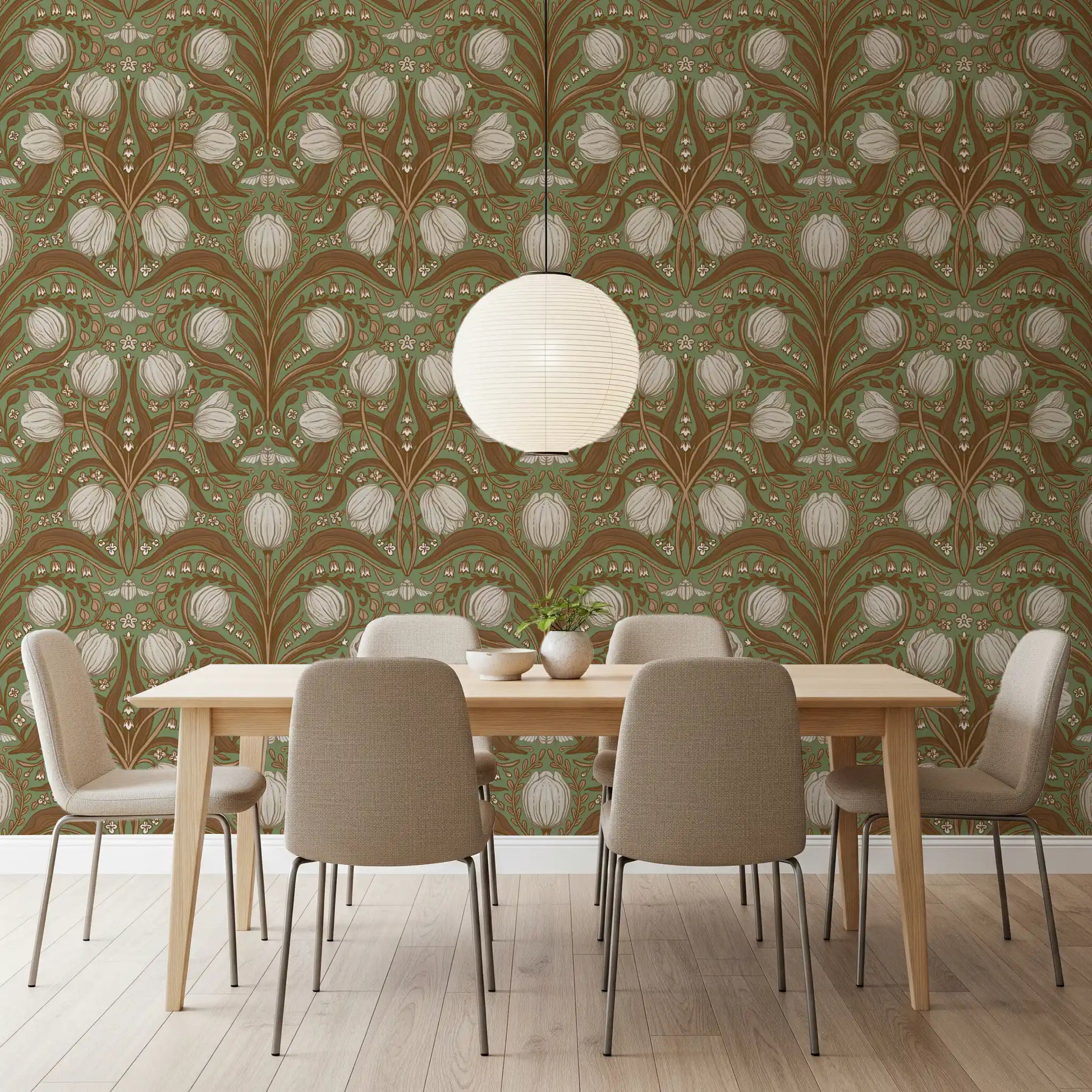 Botanical sage wallpaper arranged in a dining room setting