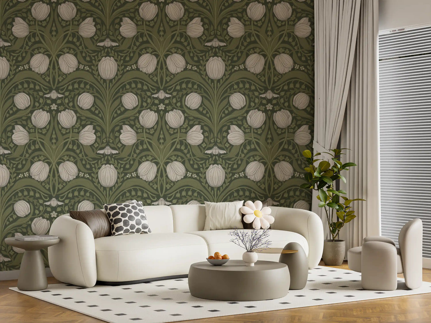 Retro Nouveau Tulips in orange and teal Wallpaper⁠