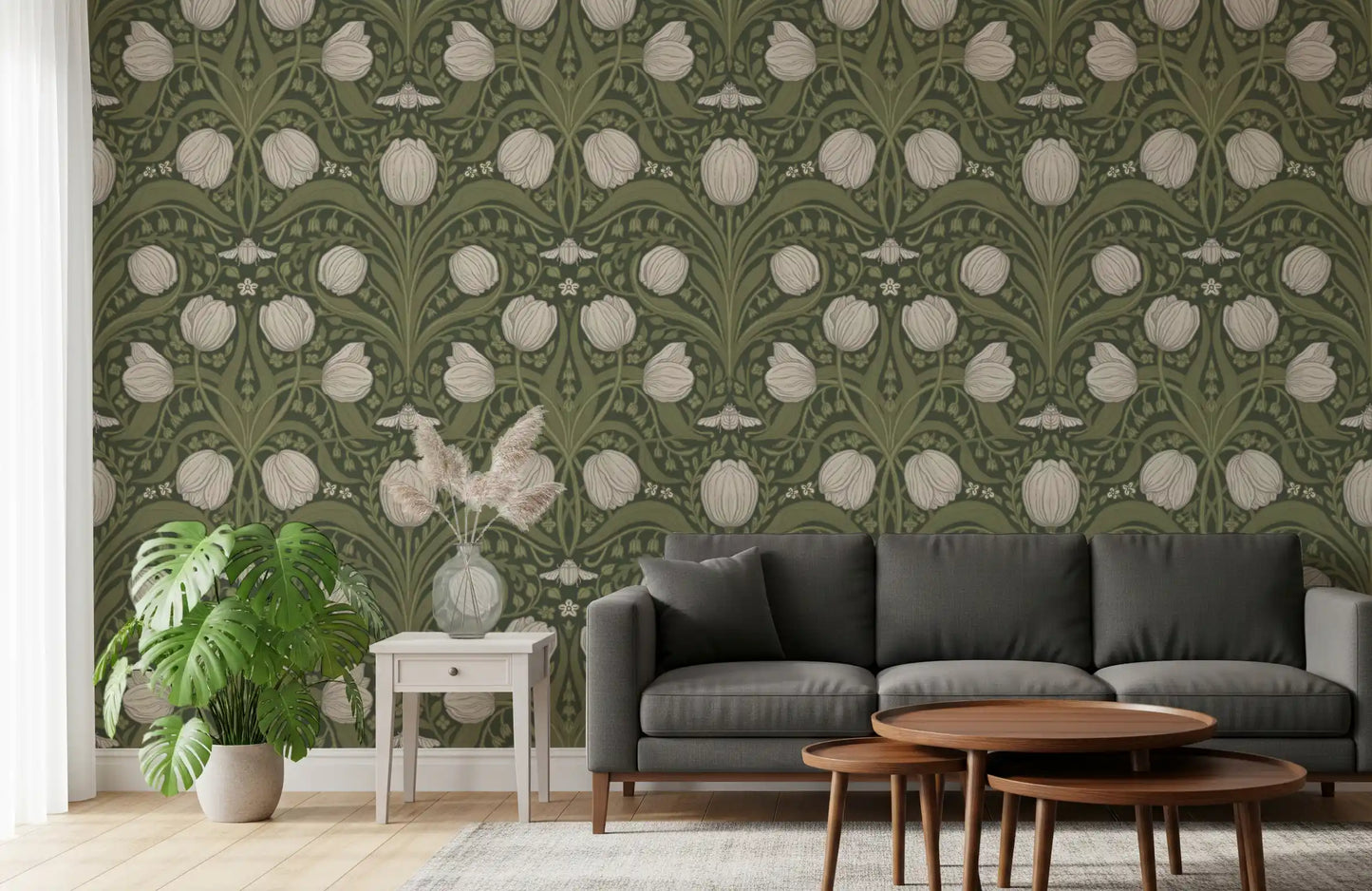 Retro Nouveau Tulips in orange and teal Wallpaper⁠