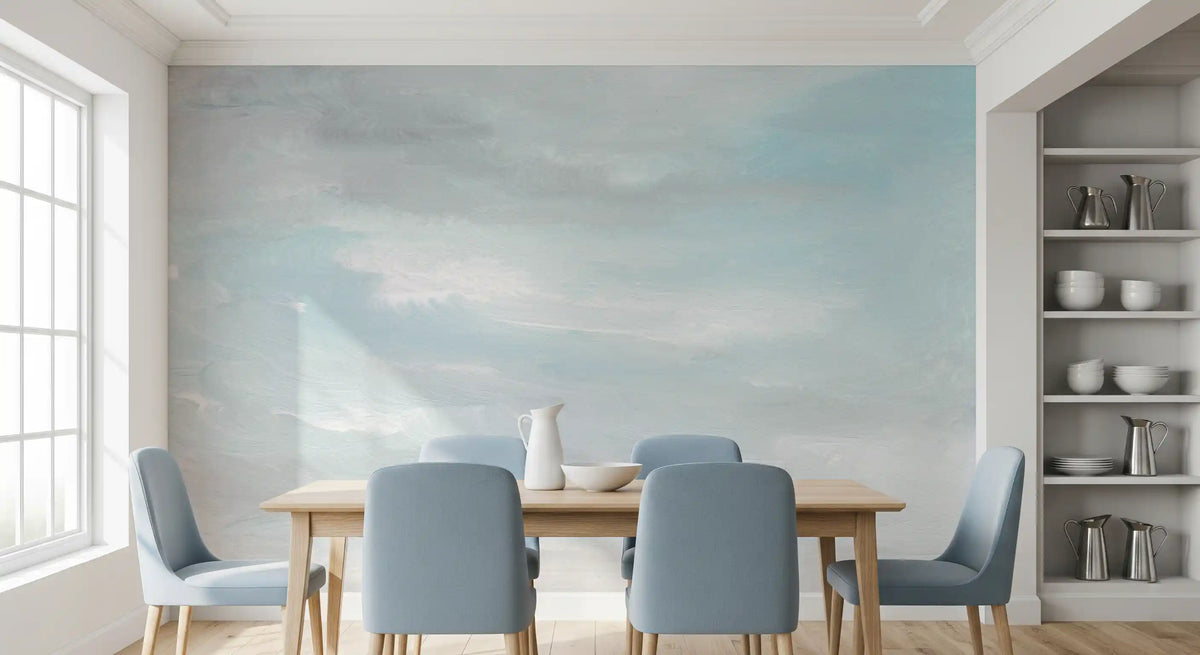 Ethereal sky wash mural for a serene dining room feature