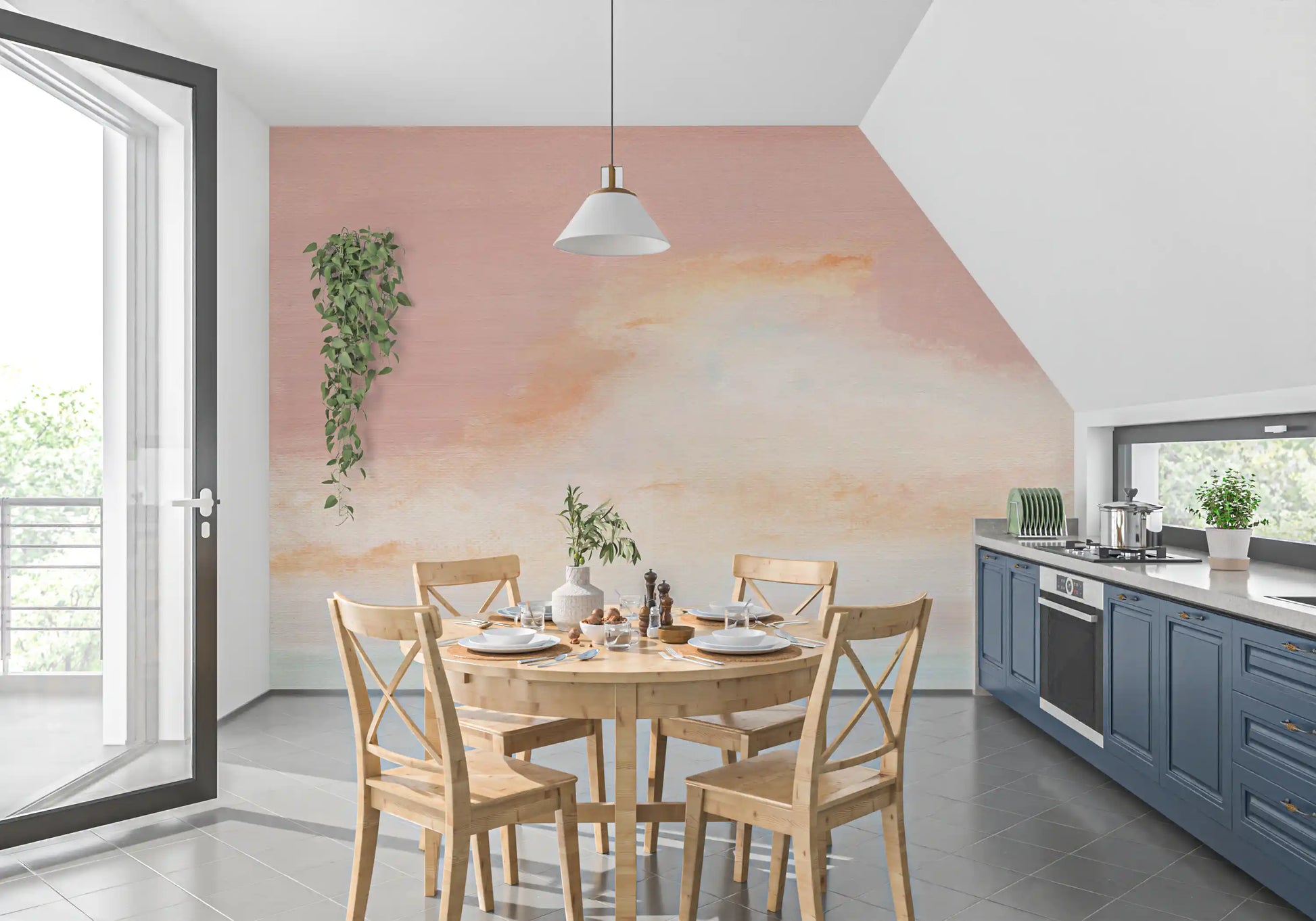 Ethereal pastel horizon wall mural in blush peach and cream tones