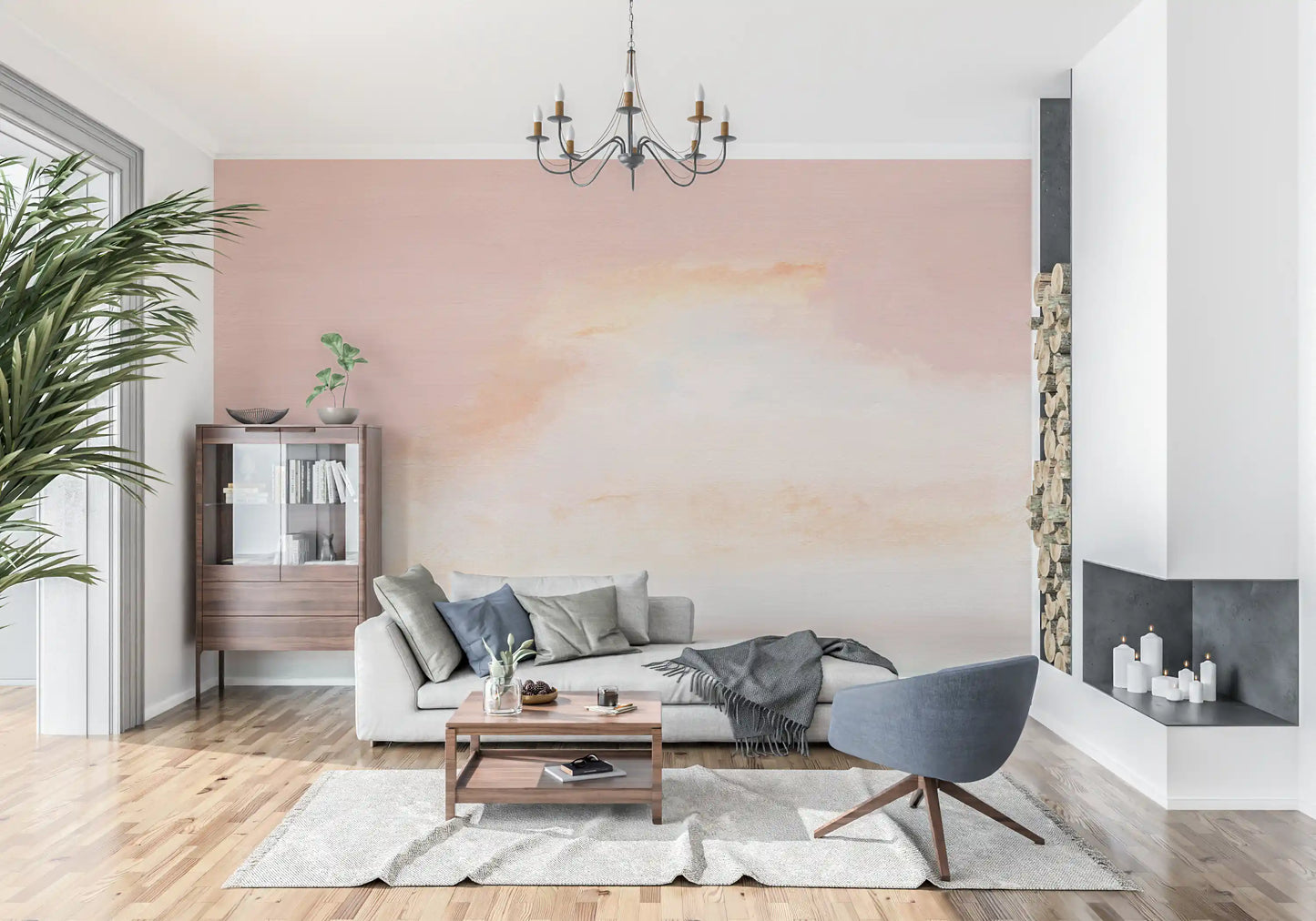 Soft blush sky wall Mural covering for a light living area setting