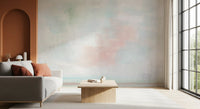 Soft pastel sky wall mural styled for a minimalist living room 