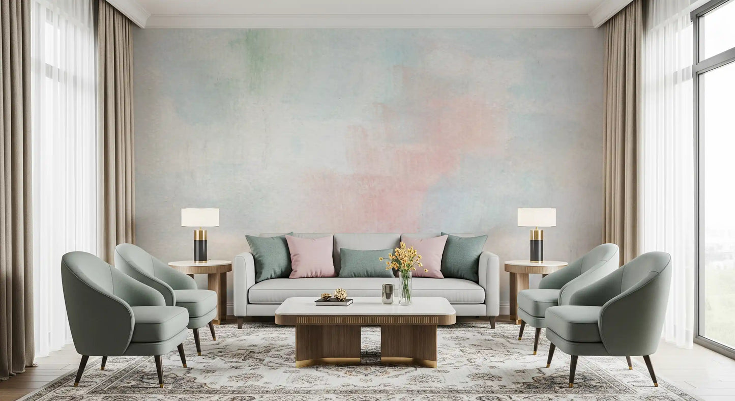 Peel and stick sky wall mural for a soft-toned living area