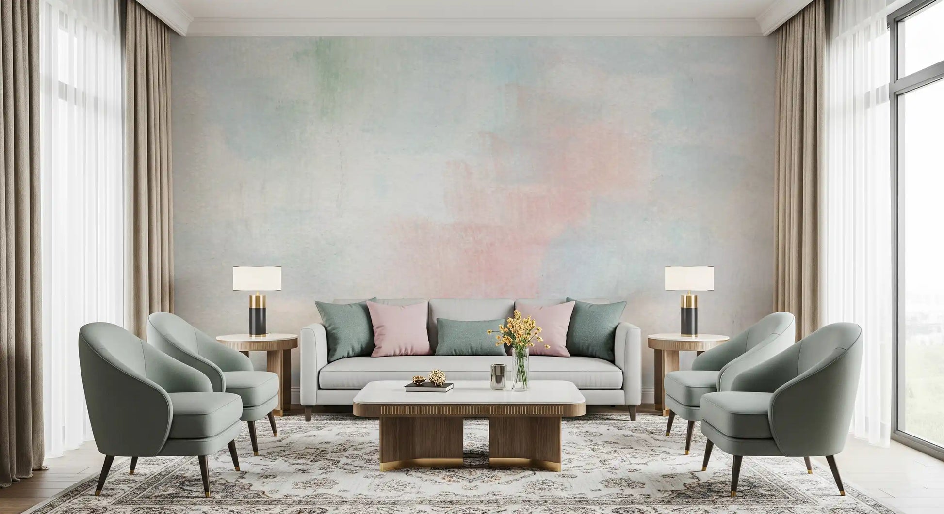 Peel and stick sky wall mural for a soft-toned living area