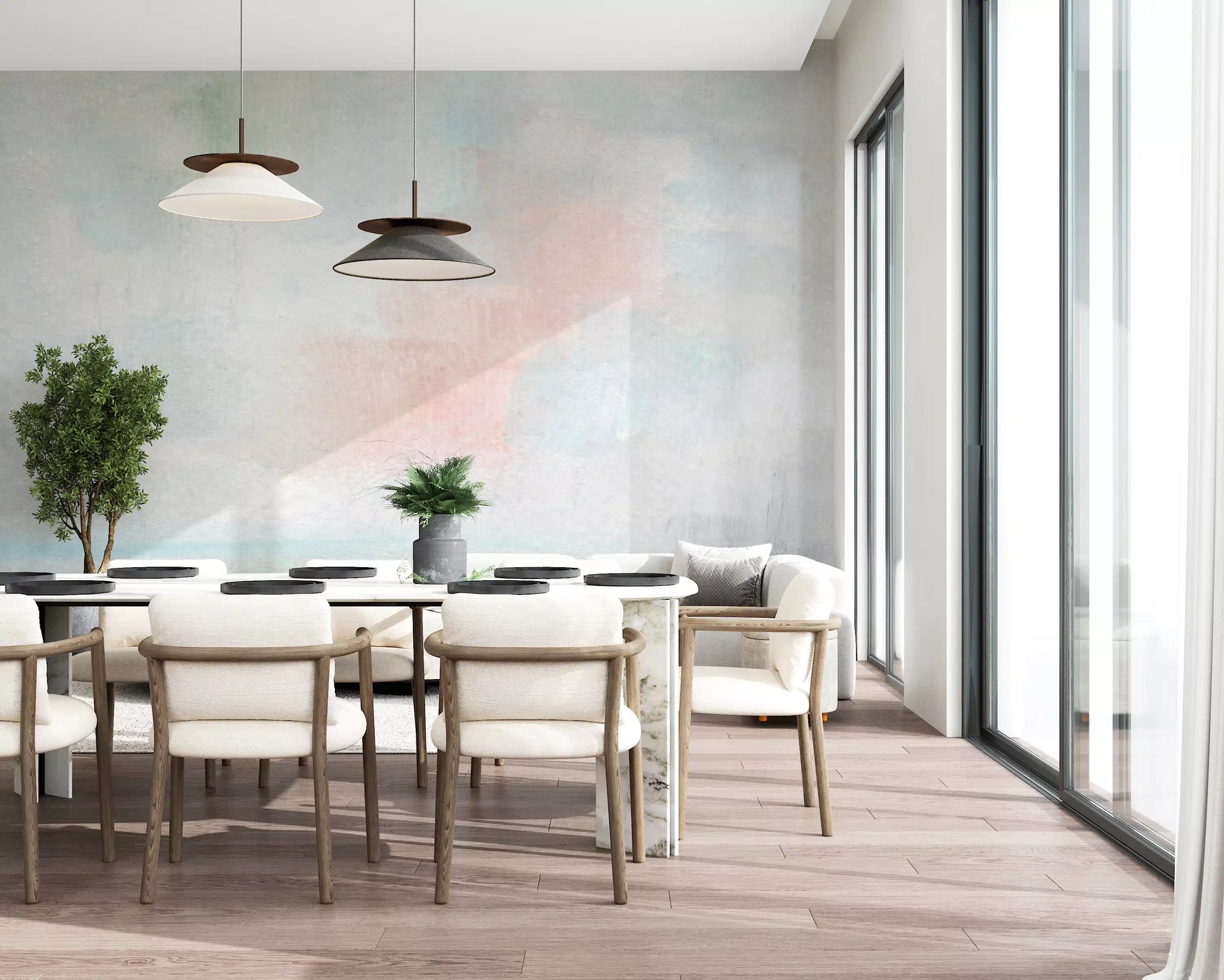Dreamy sky texture wall mural in muted pastel color blend
