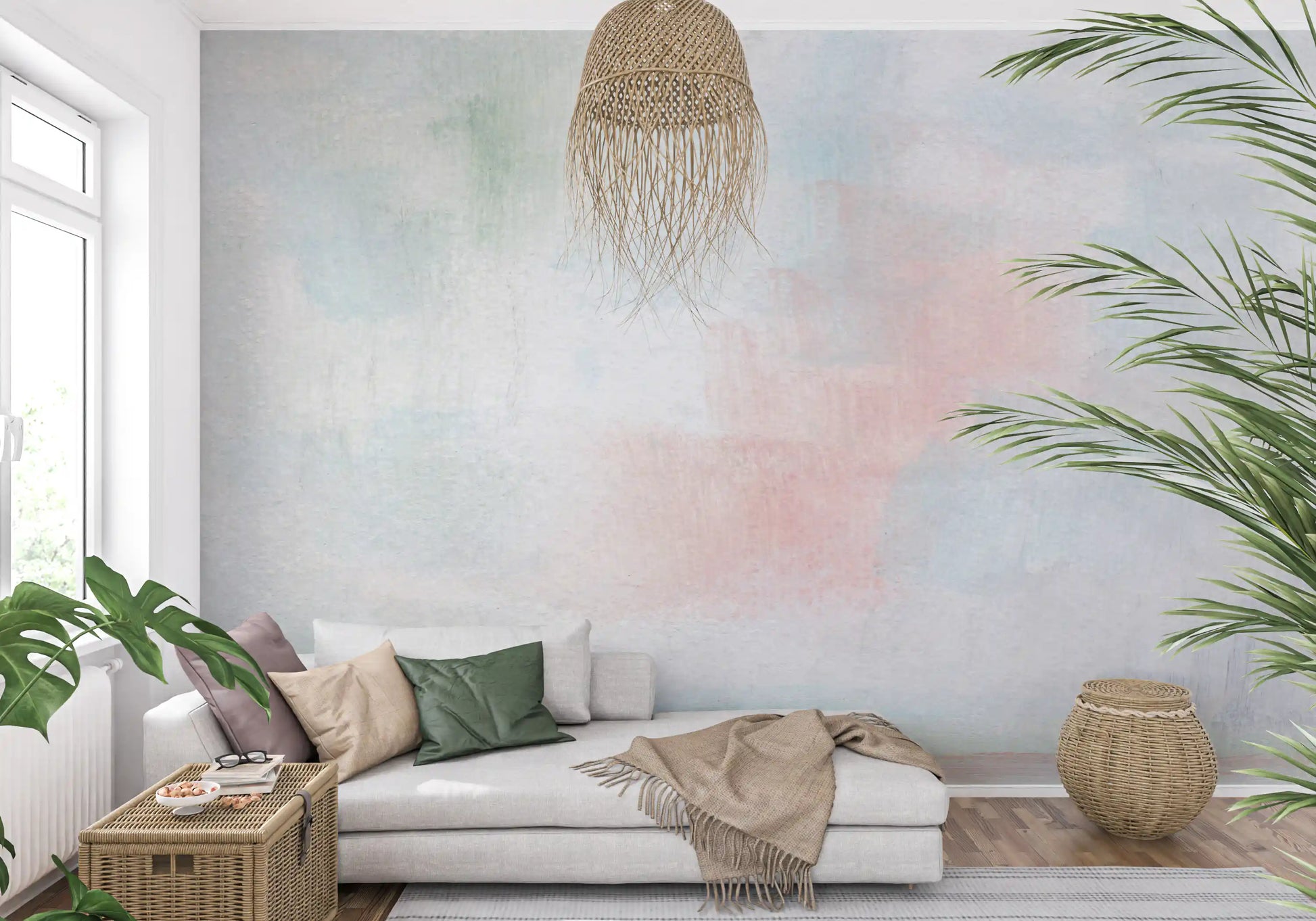 Removable pastel wall mural for a peaceful living room 
