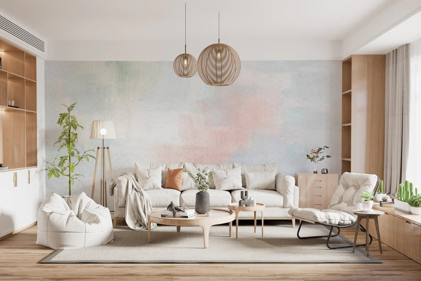 Matte sky texture wall mural for a refined entryway feature 