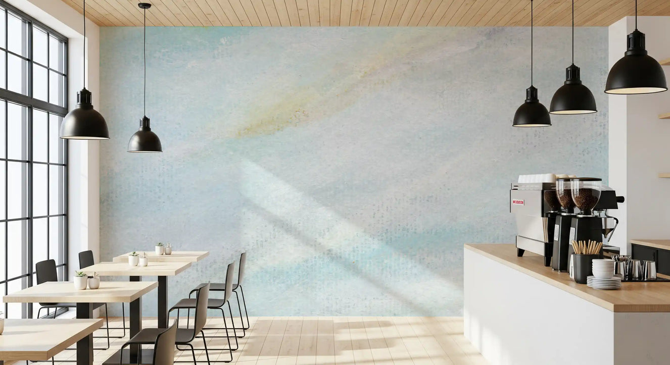 Ethereal Sky wall mural in a calm restaurants  with soft neutral bedding