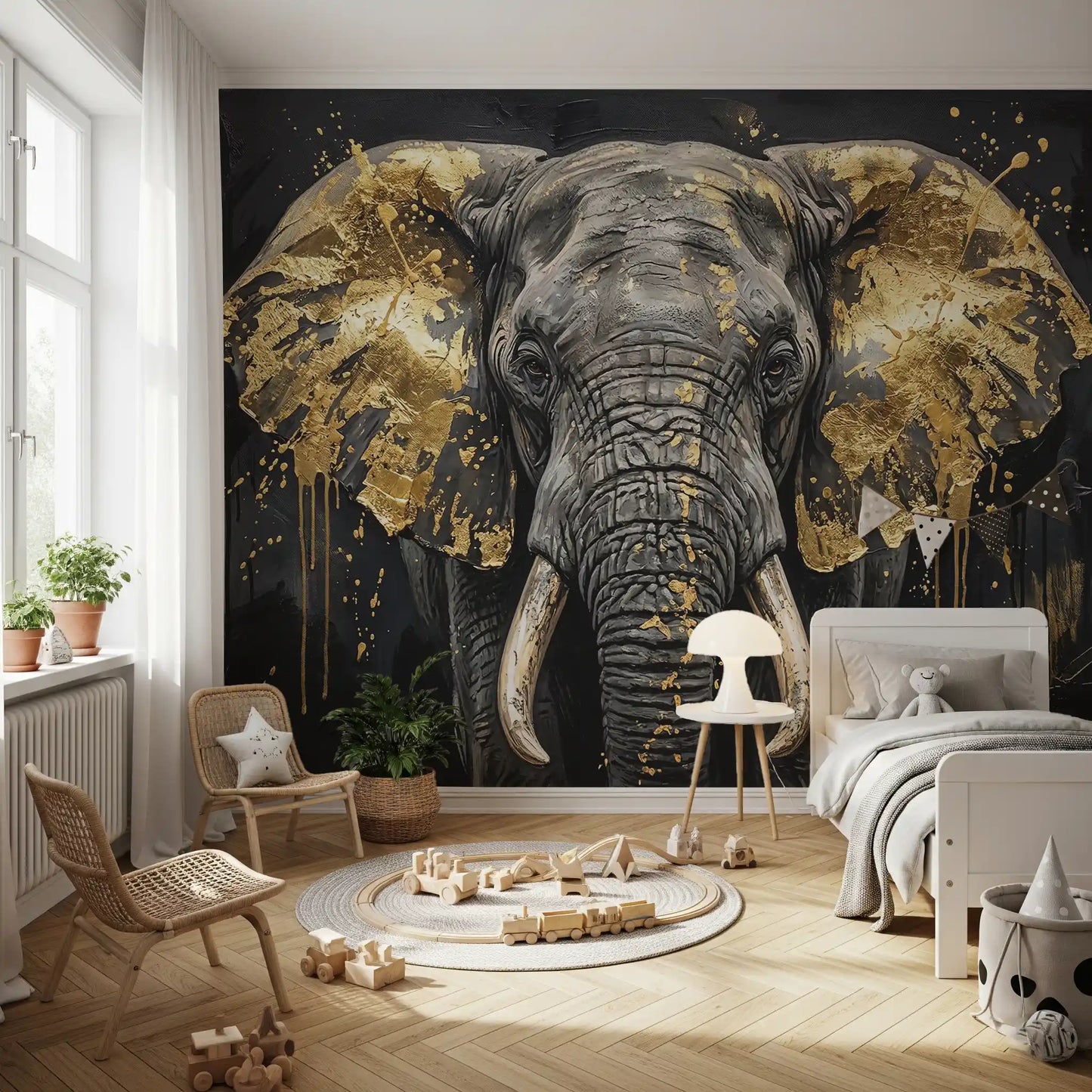 Golden Elephant Grandeur wall mural in a kids playroom