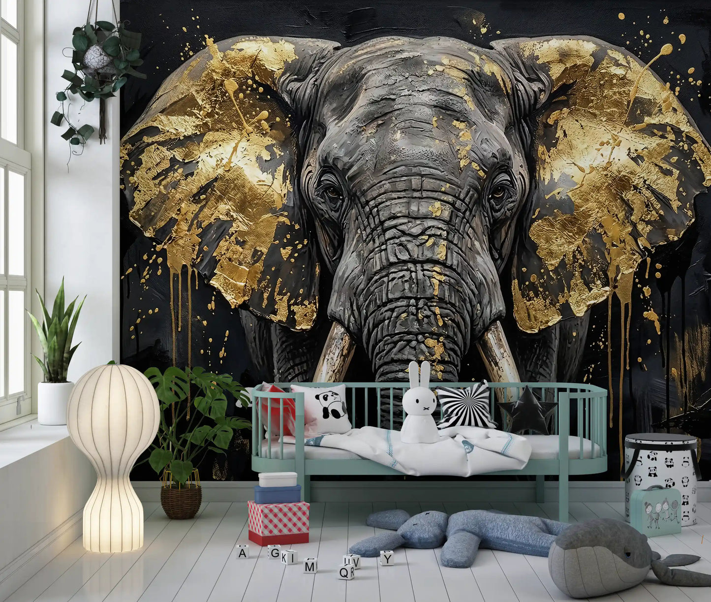 Golden wall mural placed in a stylish nursery.