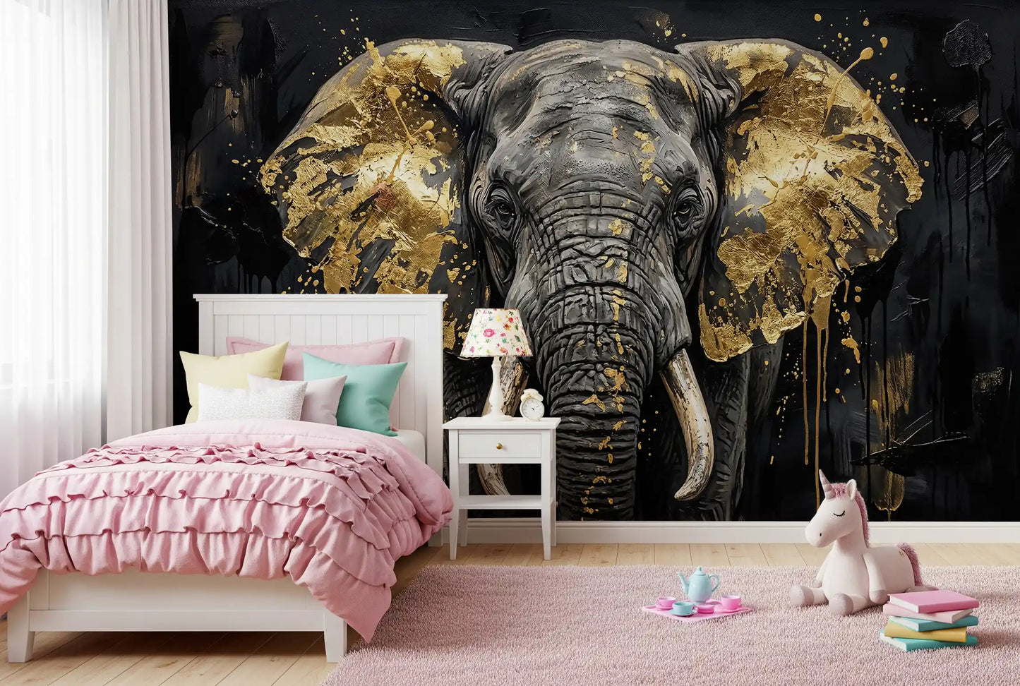 Elephant wall mural adding depth to a dark kids bedroom