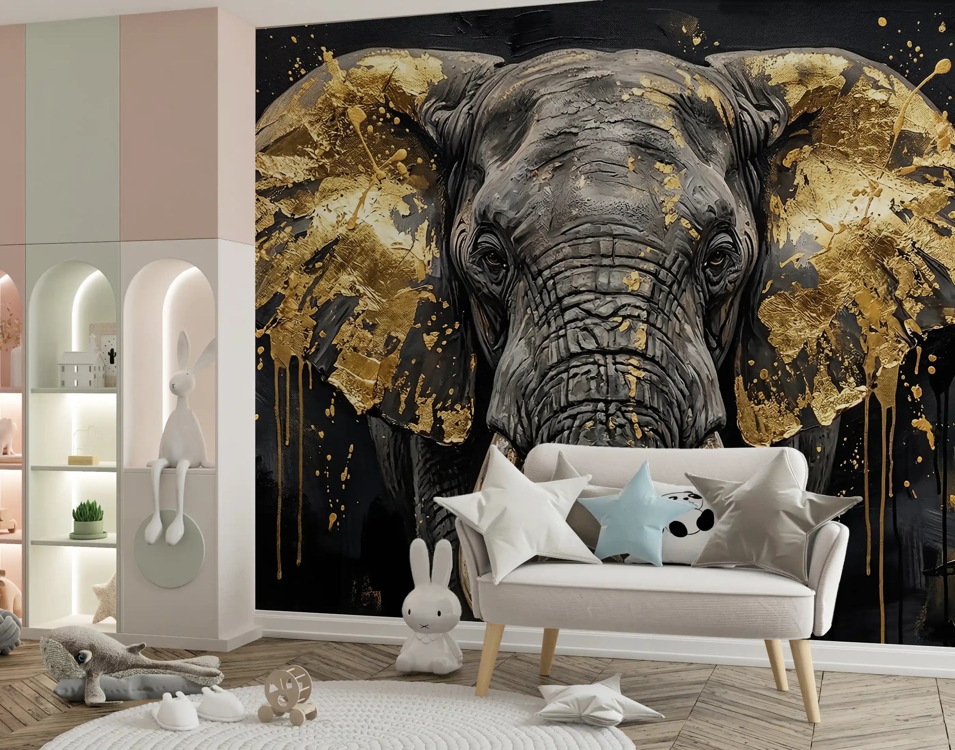 Golden Elephant wall mural in an upscale sitting room