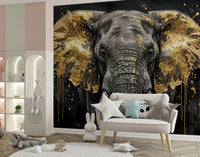 Golden Elephant wall mural in an upscale sitting room