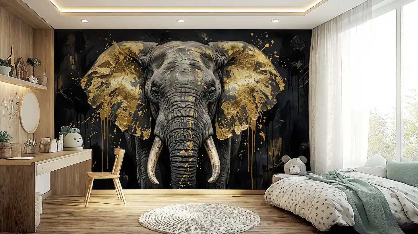 Elephant Grandeur wall mural behind a study & bedroom 