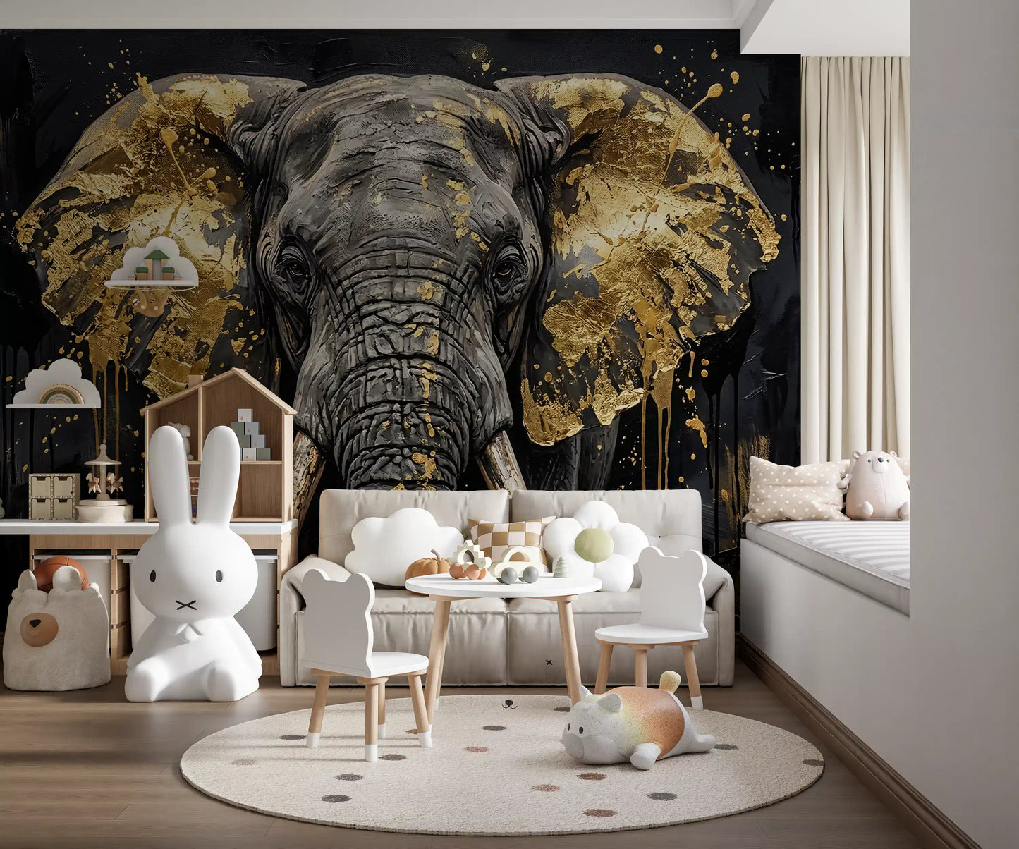 Golden Elephant wall mural in a dramatic kids area