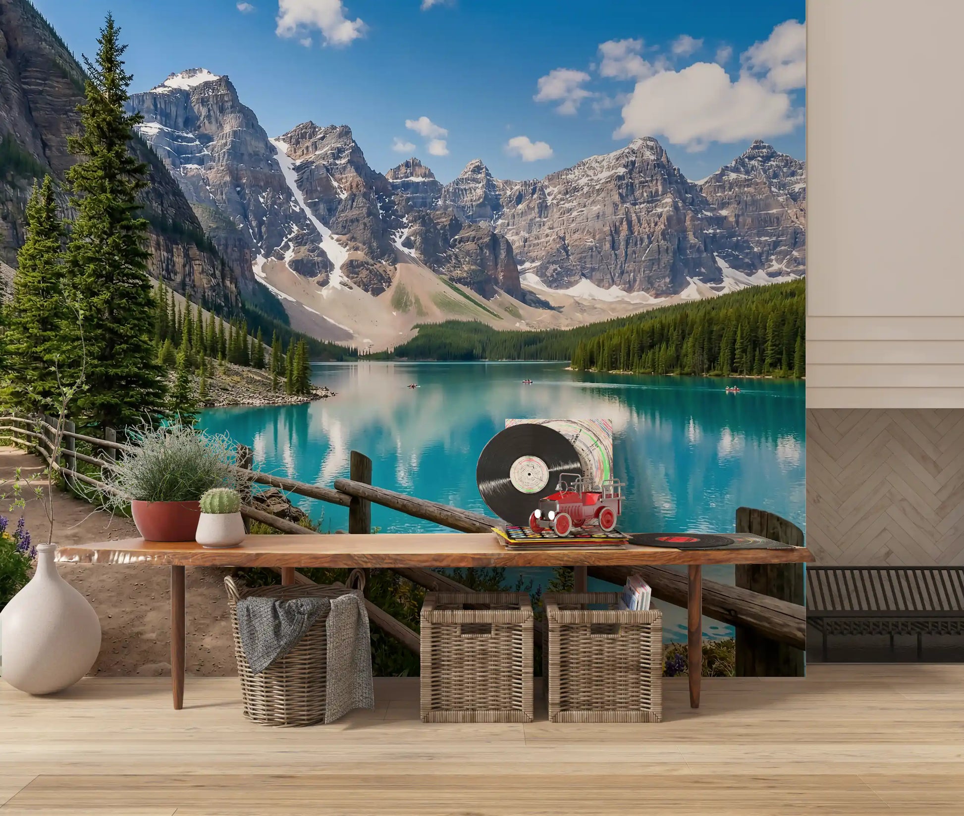 Turquoise Peaks mural in a living ara  and airy light