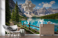 Turquoise Peaks wall mural in a serene living room with natural wood accents