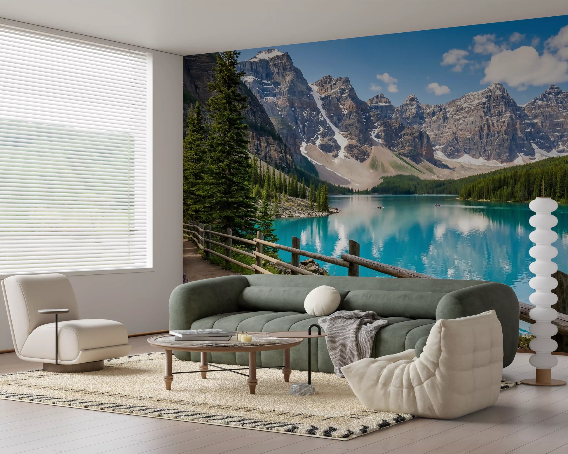 Peaks mural in a waiting area with a calm scenic backdrop